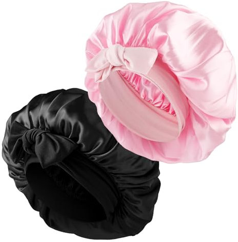 Abeillo Satin Schlafhauben für Damen, 2 Stück Verstellbare Seiden-Nachthaarhauben mit Weichem Gummiband, Seidenhauben zum Schlafen, Haarhaube mit Bindeband für Lockiges Haar und Zopf, Schwarz+Rosa