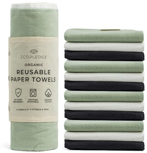 EcoPledge Wiederverwendbare Papierhandtücher, waschbare Rolle, dicke, zweilagige, ultra-saugfähige, papierlose, zertifizierte Bio-Baumwolle, großes Küchen-Papiertuch mit Aufhängeschlaufe, 12 Stück