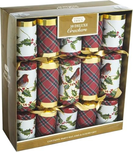 Deluxe Christmas Crackers with Unique Designs and Festive Surprises 10 x 14” | Harmless Holiday Party Essentials for Family Gatherings, Fun Presents, and Celebrations (ROBINS AND TARTAN)