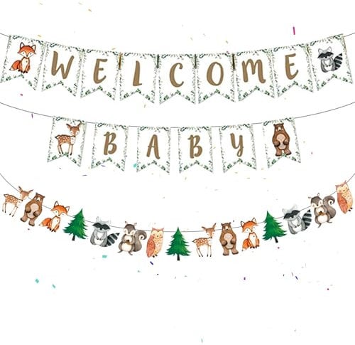 Willkommen Zuhause Baby Banner Dekoration - 30 Stücke Welcome Home Baby Shower Girlande, Gender Reveal Banner für Junge Mädchen, Babyparty Babydusche Bunting, Waldtieren Geschlecht Verraten Deko