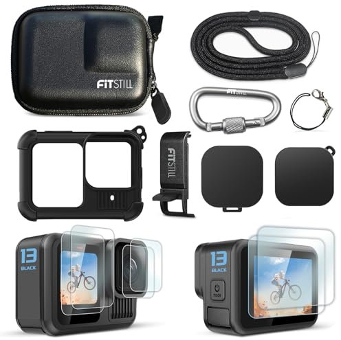 FitStill Schutz-Aufbewahrungsset für Go Pro Hero 13 schwarz, PU-Mini-Tragetasche, Silikon-Schutzhülle austauschbare Akku-Seitenabdeckung & Displayschutz & Objektivdeckel & Trageband für Hero13-Zubehör