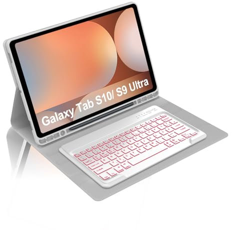 Occtingkind, Tastatur für Samsung Galaxy Tab S10 Ultra 2024 und S9 Ultra 2023 14,6 Zoll, Hülle mit Magnetische Abnehmbar Bluetooth Keyboard, QWERTZ, USB C, Hintergrundbeleuchtung, Hellgrau