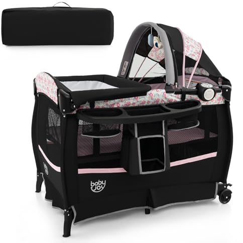 GOPLUS Cuna de Viaje Portátil, Cuna Bebe Plegable con Techo Ajustable, Colchón, Cambiador, Estante, Juguetes, Caja de Música, Ruedas Bloqueables y Bolsa de Transporte, para 0-3 años (Negro-Rosa)