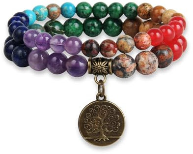 GD GOOD.designs Chakra Armband echte Steine - Edelstein Perlenarmband Set mit Lebensbaum Anhänger I Kugelarmband aus Naturstein Perlen