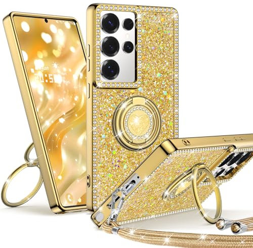 Unlicaku für Samsung Galaxy S24 Ultra Hülle mit Band, Handyhülle mit Herzen Doppelring Ständer Luxus Glitzer Frauen Mädchen Elektroplattiert Schutzhülle für Samsung S24 Ultra Case, Gold