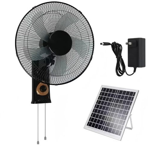 16 Wall Mount Fans, Oscillating Fan, Solar Fan, Adjustable Tilt Household Fan, 5 Blades 3 Speeds, For Bedroom Home Travel Camping Fishing(Black)