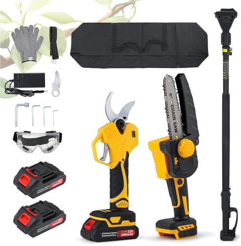 Moongiantgo Kit 3-in-1 Motosega a Batteria Telescopica e Cesoia Digitale | Testa Regolabile 90°, con Apertura di 6,5 cm, Motosega 15cm, Asta Telescopica 2m, 2x 2000mAh, per Lavori in Campo