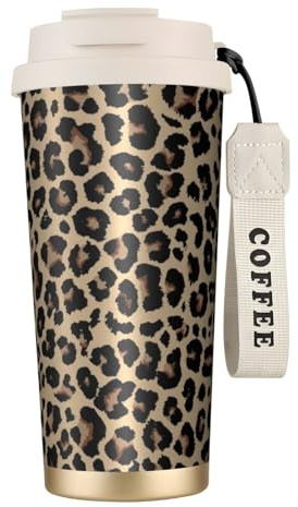YXDVPALNE Leopardenmuster,316 Edelstahl-Kaffeebecher mit Umhängeband, isolierter Becher, Reisebecher fürs Auto, 500 ml