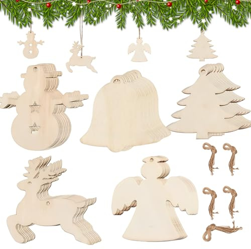 LEIIERUY Weihnachtsdeko Holzanhänger 45 Stück – 5 Formen natürliche Holz Deko zum Basteln – DIY Dekoanhänger Weihnachten mit Juteschnur für Baum Fenster Tür Geschenke