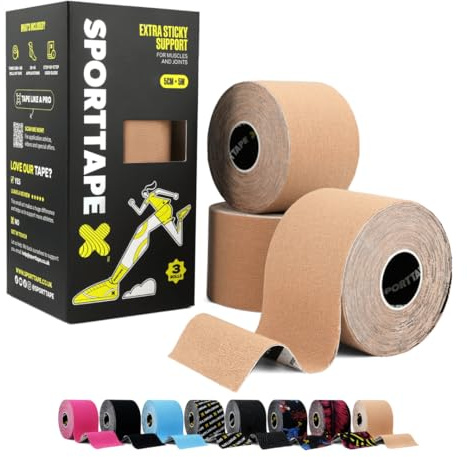 SPORTTAPE 3 Rollen Kinesiologie Tape - 5 cm x 5 m - Beige Rollen | Elastisch & Wasserfest Kinesiotapes, Tape Sport, Hautfreundlich Baumwolle, starke Haftung, latexfrei für Muskel- & Gelenk