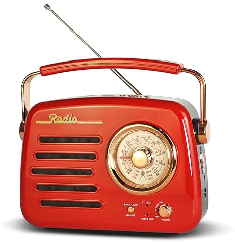 D329 Portable AM FM Shortwave Vintage Radio Bluetooth Speaker Receiver Red | Plug in Wall Retro Radio Great Receiver Support USB Drive/Micro SD Card Good Sound for Family for Home Kitchen Outdoors
