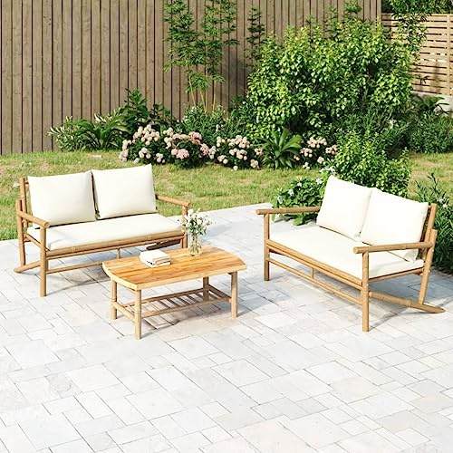 mtlskopl Bambus Gartenbank mit cremeweißen Kissen für Outdoor Lounge 115 x 75 x 74 cm naturbelassen wetterfeste Terrassenbank platzsparendes Balkonmöbel