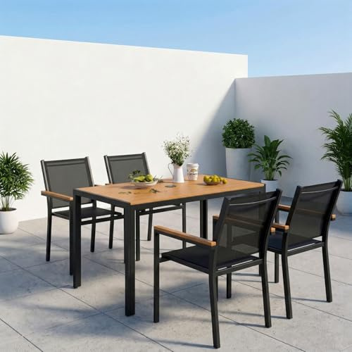 LIFERUN 5-Piece Patio Dining Sets, 110x70x73cm Aluminium Garden Table with Parasol Hole, 4 Stackable Textilene Chairs for Garden Terrace Poolside (Black, Teak Brown Table 110x70x73cm)