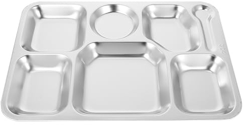 BRIGHTFUFU Assiette Compartimentée Inox 7 Compartiments Plateau Compartimenté pour Déjeuner en Acier Inoxydable Argenté pour Restaurants Réutilisable et Facile à Nettoyer