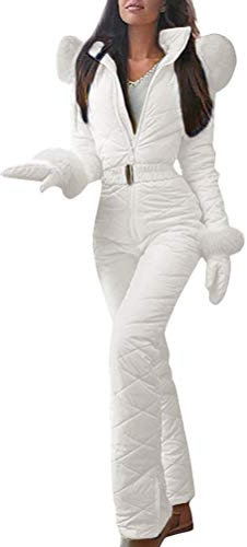 Minetom Damen Einteiliger Skioverall Winter Warme Schnee Skifahren Sätze Outdoor Jumpsuit Langer Overall mit Kapuze Reißverschluss Skianzüge wasserdicht Schneeanzug Weiß 42