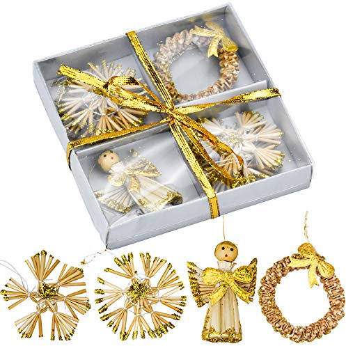 KARAA 8 PCS Strohsterne Weihnachtsbaum Anhänger Gold Weihnachtsbaumschmuck für Wetterfest Christbaumschmuck Weihnachten Weihnachtsdekoration