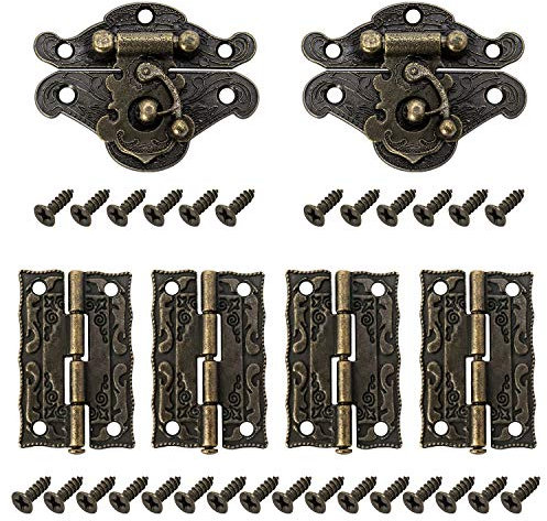 QWORK® 2 Sets Antike Dekorative Haspe, Retro Haspen Riegel, dekorativer Holzschmuck, Vintage Scharnier mit 4 Scharnieren und 28 Schrauben
