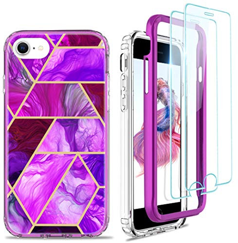 Jeylly Phone Case for iPhone SE 2022/SE 2020/8/7, with [2 Pack] Tempered Glass Screen Protector, Heavy Duty Shokcproof Anti Scratch Protective Case, Violet Purple