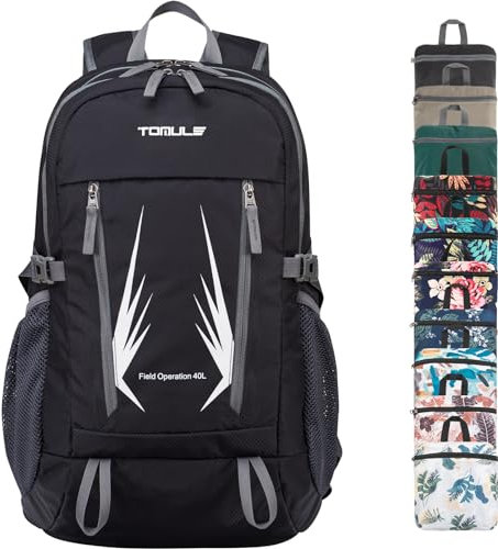 TOMULE Kleiner Wanderrucksack Damen Leicht,Faltbarer Rucksack Wasserdicht Herren 40L,Leichter Reiserucksack Damen Groß Schwarz