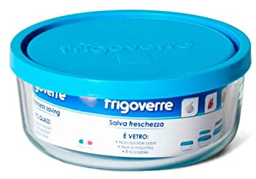 Tradineur - Fiambrera de cristal redonda, con tapa de plástico de 18 cm de diámetro y 7 cm de alto, con tapa azul. Recipiente para conservar alimentos con capacidad de 160 cl