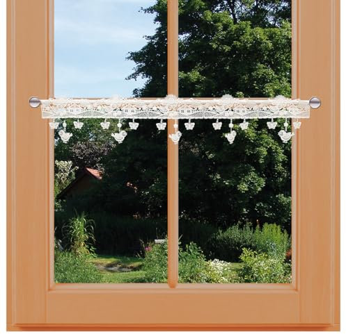 Feenhaus Spitzengardine Sommerlandschaft Vogtländische Spitze Schmetterling, Küken, Blüten | wunderschöne Scheibengardine Landhaus in Natur | Fensterdeko Ostern, Frühling, Sommer | HxB 14 x 32 cm
