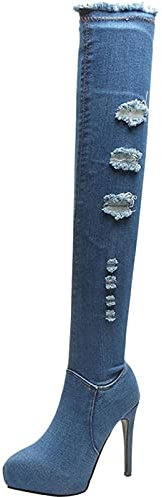 Stivali sopra Il Ginocchio da Donna Autunno Inverno Tacco A Spillo Scarpe da Donna Stivali di Jeans Elasticizzati Sexy Stivali Lunghi Senza Lacci con Cerniera Stivali da Esterno Caldi,LightBlue,36 EU