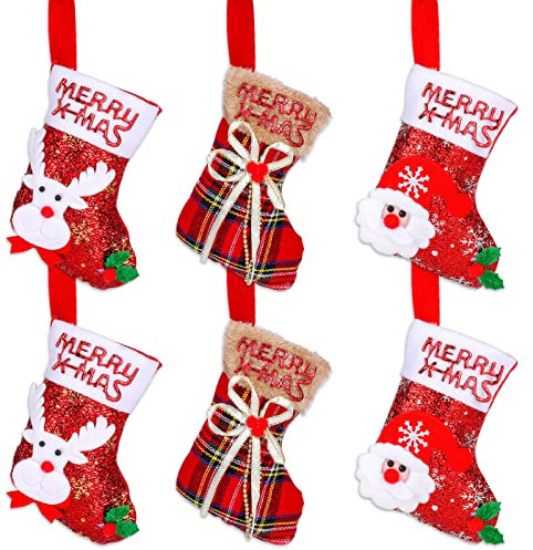 Qpout 6 Pack Mini Christmas Stockings Gifts Treat Bags Small Christmas Stockings Bulk, Santa Snowman Reindeer Bear Personalized Xmas Small Stockings for Party Kids Gifts Filler Xmas Tree Decorations