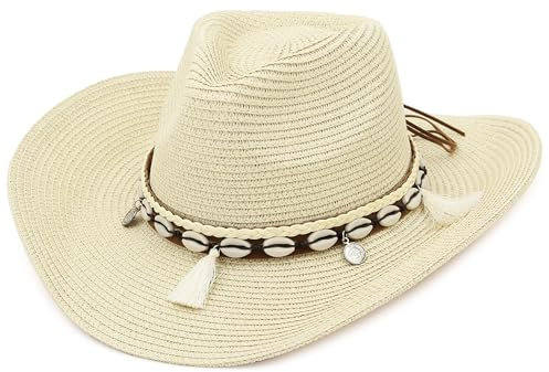 GEMVIE Sombreros de Paja para Mujer Sombrero de Sol Gorra de Playa con Cinta de Concha + UPF50 Ajustable y Empacable Mujer Sombrero de Verano Fedora Trilby (Beige)
