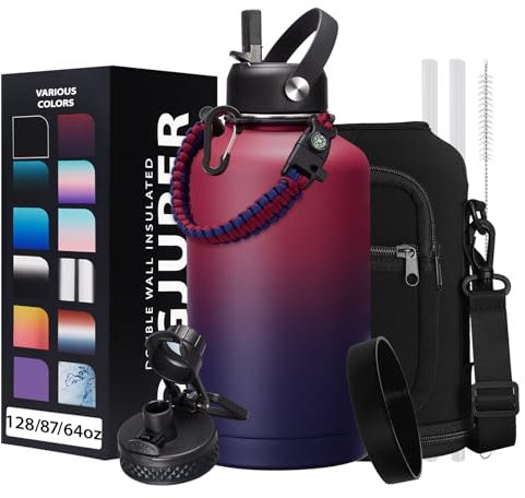 DIGJUPER 64OZ Vacuum Insulated Water Bottle - Keep Hot Cold Vacuum Flasks with Straw & Spout Lids, Paracord Handle, Water Bottler Carrier Holder & Protective Cup Mat, 1.8L Stainless Steel Water Jug