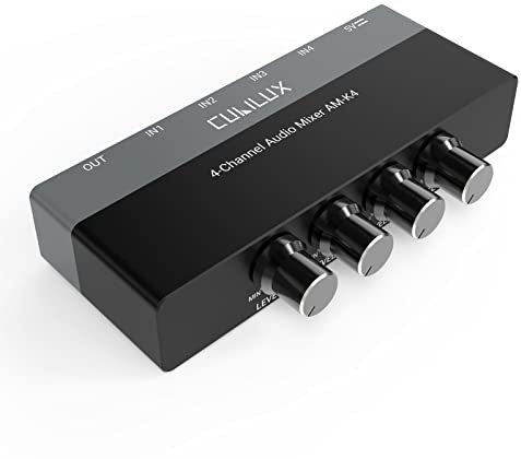 Cubilux AM-K4 6,35mm Audiomischer, 4 Kanal Line In 1/4 Zoll Mini AUX Mixer, Kleiner Viertelzoll Stage Submixer für Gitarre, Bass, Keyboard, Schlagzeug, Club Bar Studio