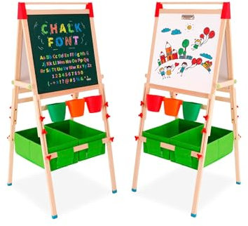 Kinder Staffelei aus Holz, Kindertafel mit Papierrolle Doppelseitige Whiteboard und Tafel Höhenverstellbar Art Easel mit Zahlen und Anderem Zubehör für Kinder und Kleinkinder als Geschenk