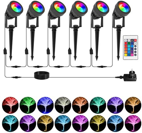T-SUNUS Spot LED Extérieur RGB, 6er Éclairage de Jardin RGB avec Télécommande Projecteur Extérieur RGB de Jardin IP65 Étanche pour Jardin Garage Chemin