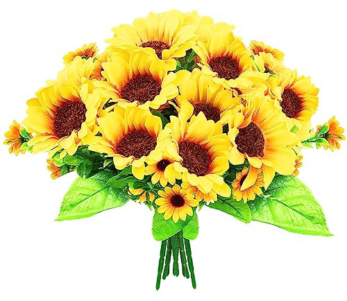 JINXIAN 6 Bünde Künstliche Sonnenblumen Künstliche Blumen Sonnenblumen Deko Balkon Pflanzen Herbstblumen Gelb Einzelstiel für Zuhause Garten Hochzeitsfeier Innenraum Dekoration