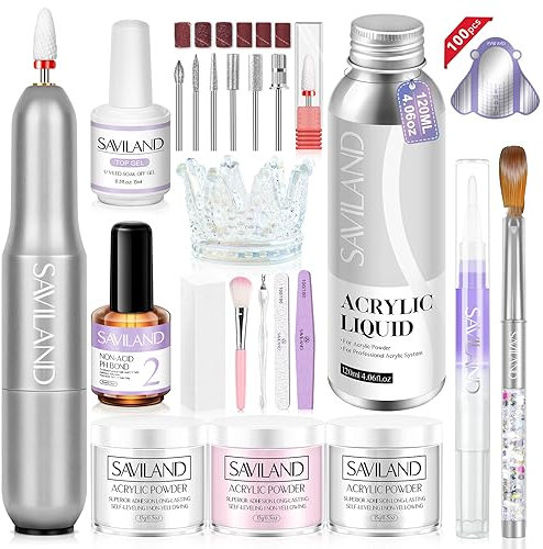 Saviland Acrylic Kit With Drill: 3 Colors Powder and Liquid Set, Electric Drill, Brush, Bond Primer, Top Gels, Cuticle Oil - Gifts for Her