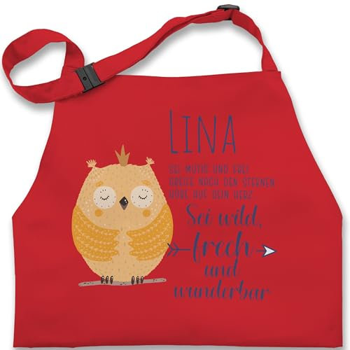 Kinderschürze Schürze Kinder Jungen Mädchen - Eule Eulen Owl Geschenk zur Taufe Geburt Kommunion Konfirmation Jugendweihe - 7-14 Jahre - Rot - personalisierte und name owls eulenmotiv nachteule
