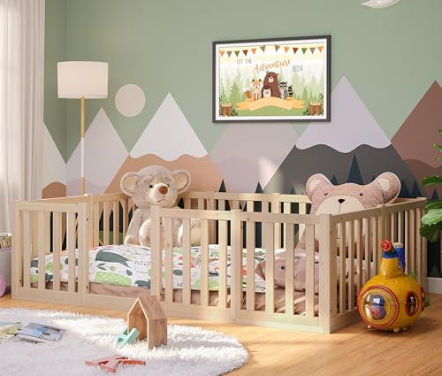 Bellabino Tapi Bett 140x200 cm, Kinderbett mit extra hohem Rausfallschutz, inklusive Lattenrost, Montessori Bodenbett für Jungen und Mädchen aus Kiefer Massivholz, Natur lackiert, Bed
