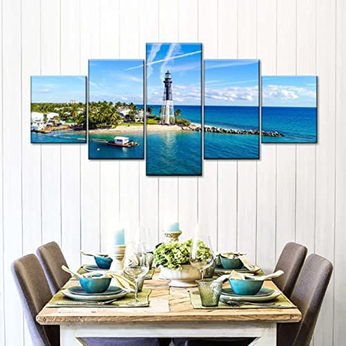 Leinwandbild Wandbild Bild 5-Tlg Leuchtturm Am Strand (Mit Rahmen 200 X 100 Cm) Leinwandbilder Kunstdrucke Dekor Kunstwerke Moderne Bilder Für Heimdekorationen Wohnzimmer Kinderzimmer Schlaf -7D2K/R4