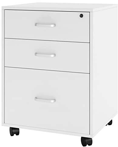 SogesPower Caisson Bureau Mobile Meuble de Rangement de Dossiers avec 3 Tiroirs, 4 Roulettes, Serrure, pour Dossiers Suspendus, Document A4, Blanc
