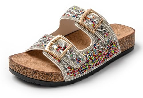 JOMIX Glitzer Sandalen Damen Sommer Leder Clogs Bohemia Flach Strandsandalen Pantoletten Plateau Römersandalen (Weiß, 37 EU, SD9181)