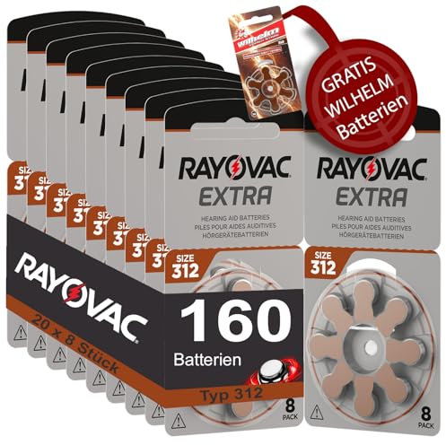 160 Hörgerätebatterien Rayovac Extra Typ 312 20x8 Stück + 6 Gratisbatterien