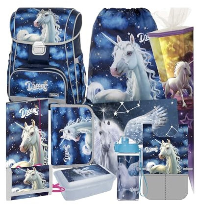 Einhorn Pegasus Pferd Pony 10 Teile Set blau Schulranzen Tornister Ranzen Schultüte 85 cm mit Sticker-von-Kids4shop