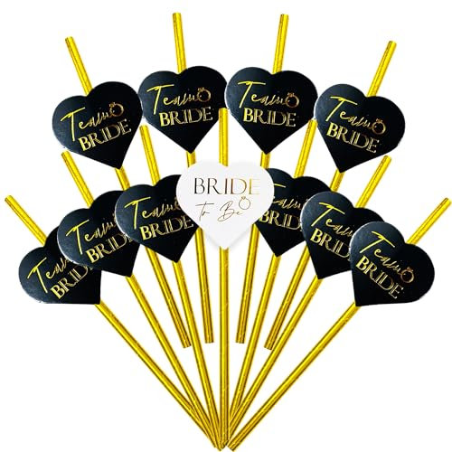 Team Bride Drinking Straws (25pcs) Black and Gold Drinks Utensils for Bachelorette Party Games Pre Wedding Celebration Accessories Hen Party Props
