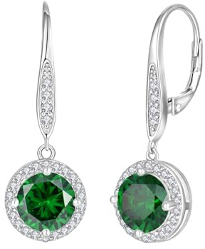 JO WISDOM Damen Hängende Ohrringe Halo -Runde Silber 925 mit 3A Zirkonia Kristall Mai Geburtsstein Smaragd Farbe,Schmuck für Frauen