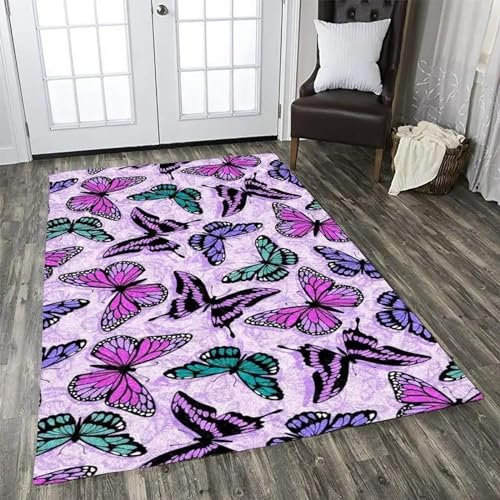 Herrliche Lila Blumen, Wunderschöner Schmetterling 3D-Druck-Kinderzimmerteppich 80 X 120 Cm - Rutschfester Bodenmatten-Teppich Für Innentüren - Weicher Griff - Polyesterfaser - Leicht Zu Reinige -7Y1B