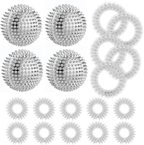 4 Stück Igelball Metall Akupressur Ball Magnetic Massagebälle Set mit 10 Massageringe & 5 Massage Armbänder Skill Ball Igelball Stressabbauend Massageball für Stress Relief Oder Massage