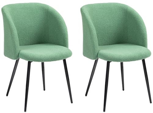 HOMCOM Lot de 2 chaises de Salle à Manger Chaise de Cuisine en Tissu Effet Laine boucleé Chaise de Salon avec Pieds en Acier - 55 x 62 x 80 cm Vert Noir