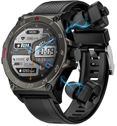 Chillitech® DuoWear Smart Watch With Earbuds 2 in 1 Large 1.53 inch AMOLED Screen, Health Monitor, BT 5.0 Answer Calls, Control Music, Notifications, Touch Controls TWS Earbuds, Ai Assistant (Black)