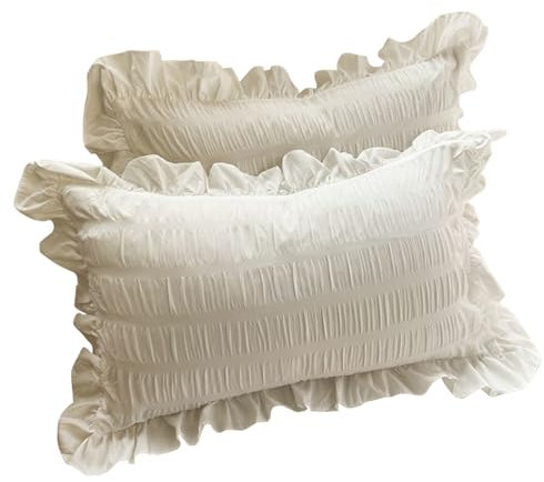 JUMUAO 2er Set Kissenbezug 50x75 cm,Seidige Satin-Kissenbezüge mit Rüschen,Seersucker Kopfkissenbezug mit Reißverschluss,Weiche Mikrofaser,Kissenhüllen Dekorativ Prinzessinnen-Raumdekoration (Weiß)