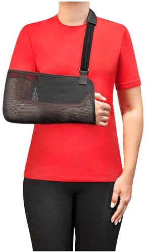 Armschlinge & Armbinde - Medizinprodukt aus atmungsaktivem Netzmaterial - Armtragetuch für linken & rechten Arm mit Schulterpolster & Daumenschlaufe 5002 Schwarz (L)