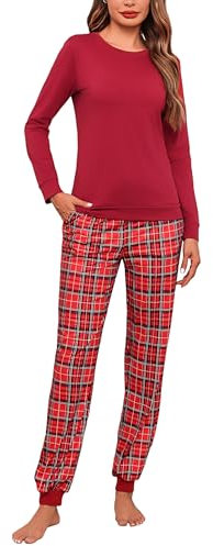 Aseniza Ensemble de Pyjama Femme Coton Hiver Vêtement de Nuit Manche Longue 2 Pièces Bas de Pyjama Carreaux Col Ronde pour Femme Vin Rouge, L